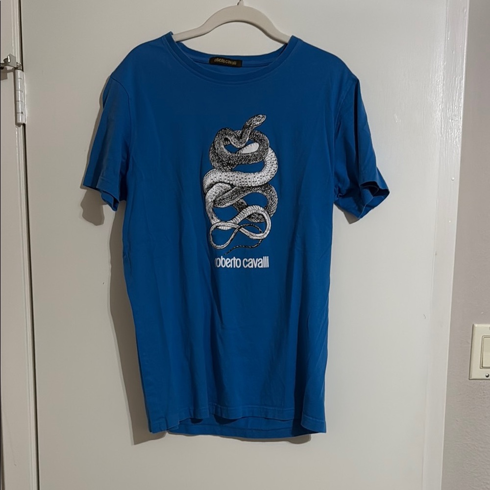 Roberto Cavalli Blue Short Sleeve Tee with Snake Design